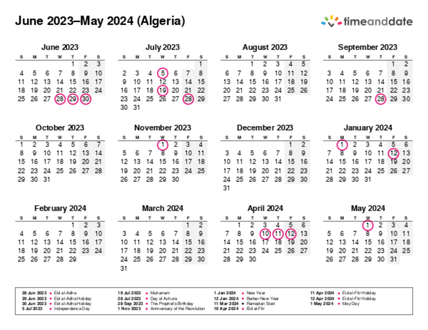 Calendar for 2023 in Algeria