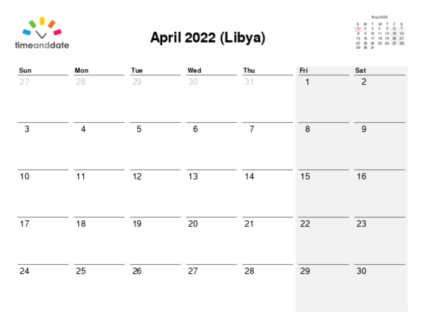 Calendar for 2022 in Libya