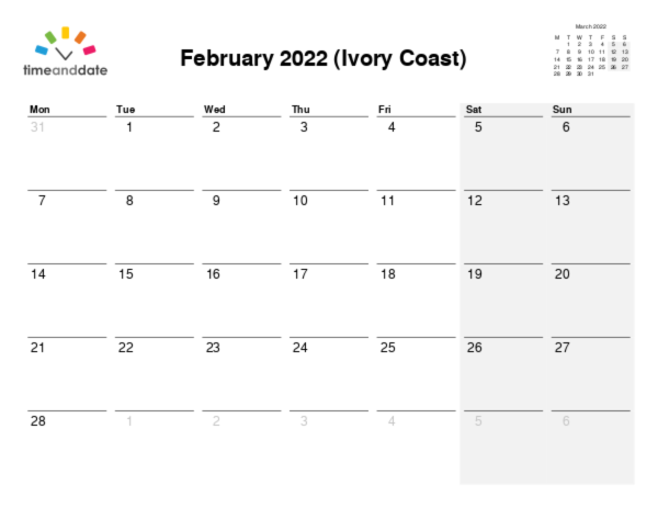 Calendar for 2022 in Ivory Coast