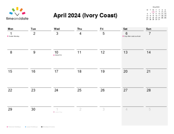 Calendar for 2024 in Ivory Coast