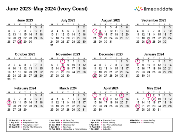 Calendar for 2023 in Ivory Coast