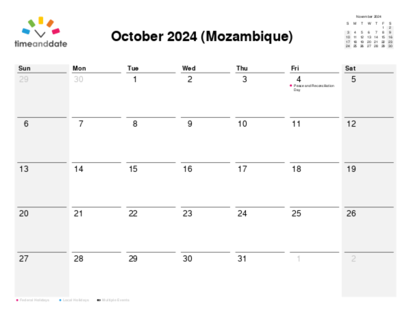 Calendar for 2024 in Mozambique