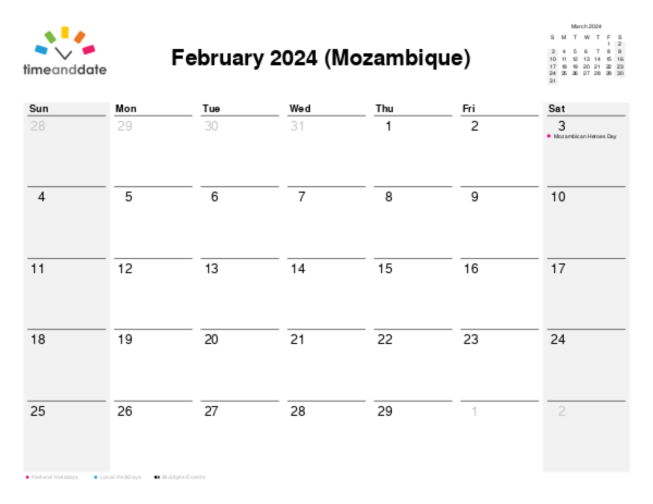 Calendar for 2024 in Mozambique