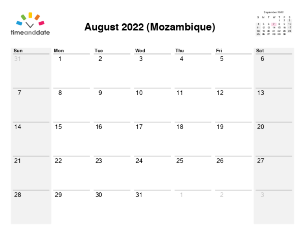 Calendar for 2022 in Mozambique