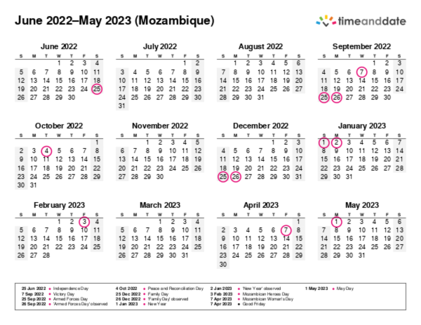 Calendar for 2022 in Mozambique