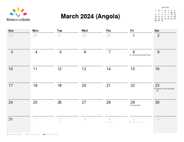 Calendar for 2024 in Angola