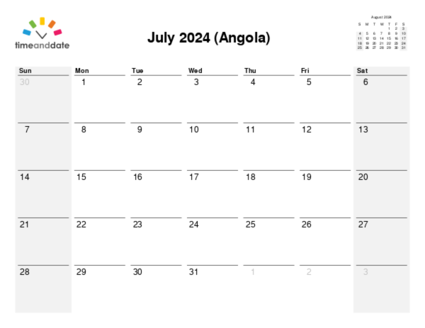 Calendar for 2024 in Angola