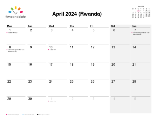 Calendar for 2024 in Rwanda