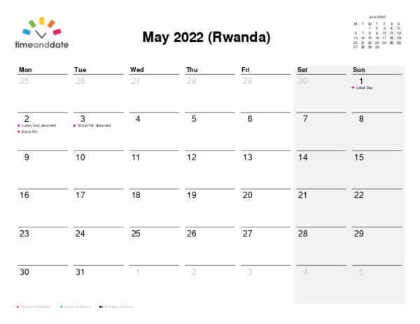 Calendar for 2022 in Rwanda