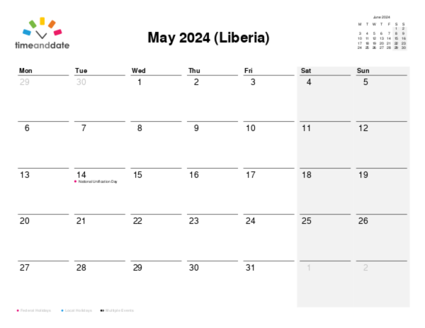 Calendar for 2024 in Liberia
