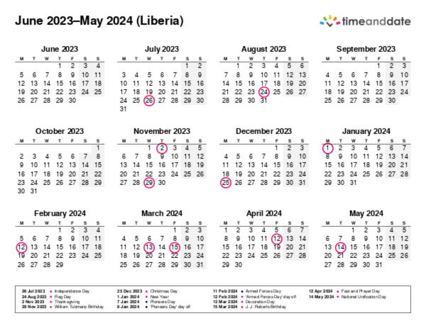 Calendar for 2023 in Liberia