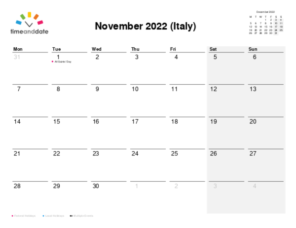 Calendar for 2022 in Italy