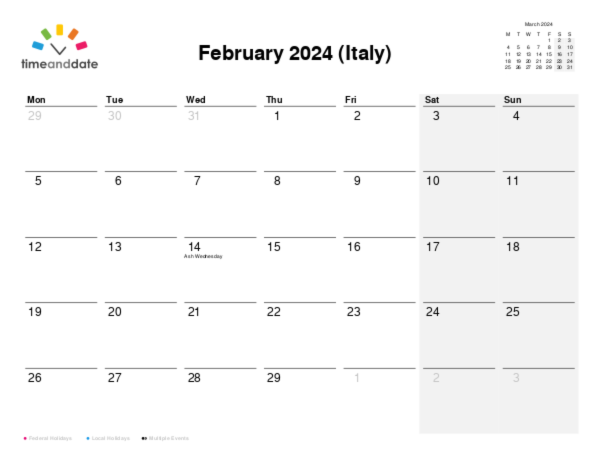 Calendar for 2024 in Italy