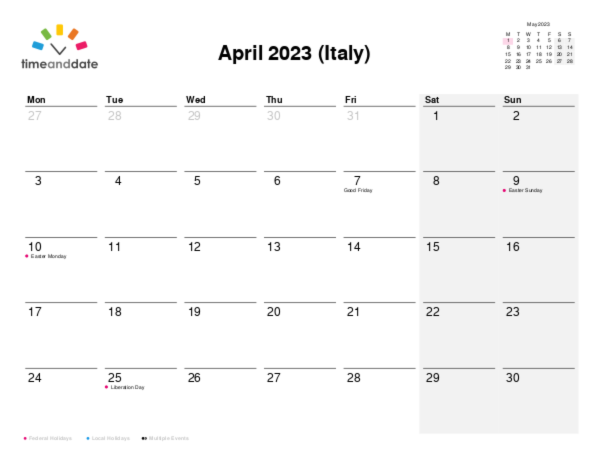 Calendar for 2023 in Italy