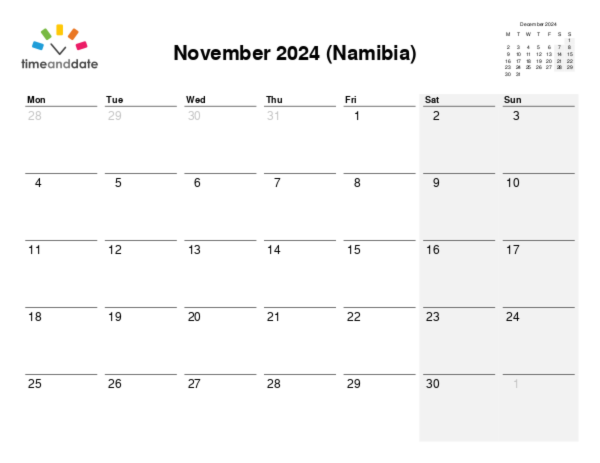 Calendar for 2024 in Namibia