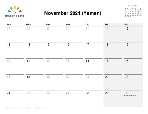 Calendar for 2024 in Yemen