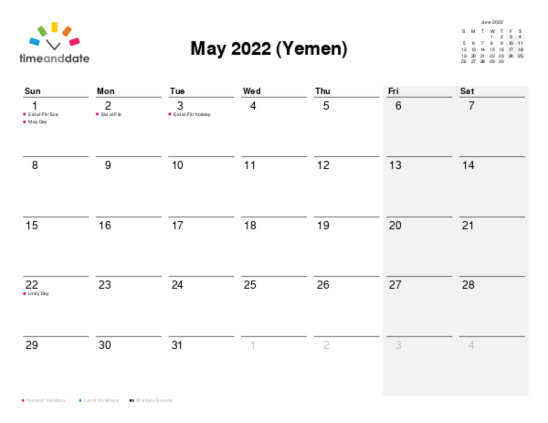 Calendar for 2022 in Yemen
