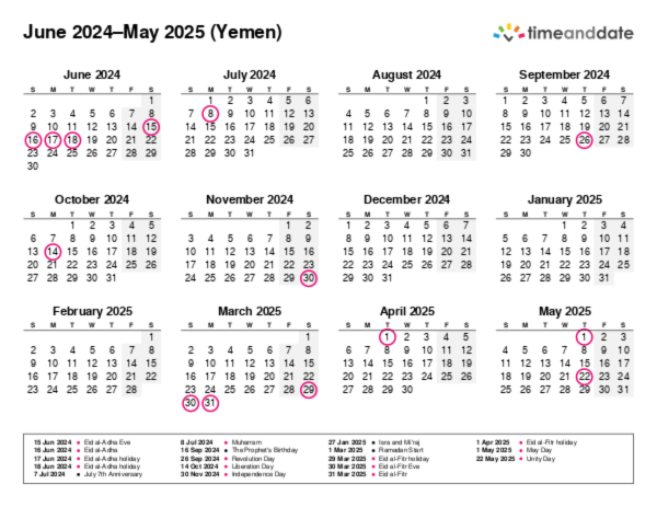 Calendar for 2024 in Yemen