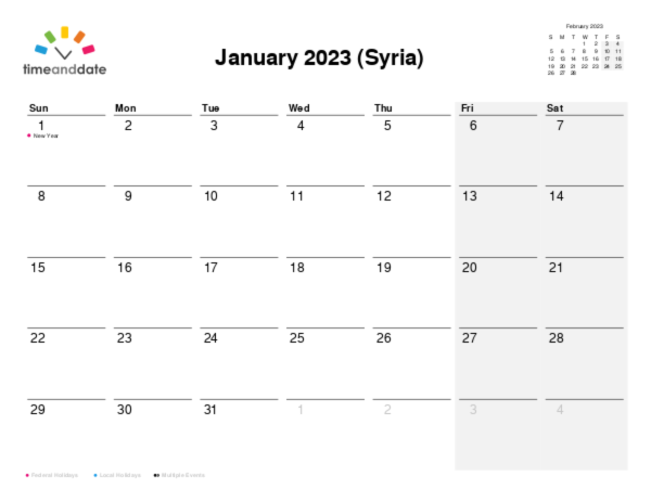 Calendar for 2023 in Syria