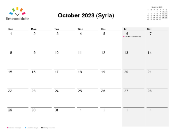 Calendar for 2023 in Syria
