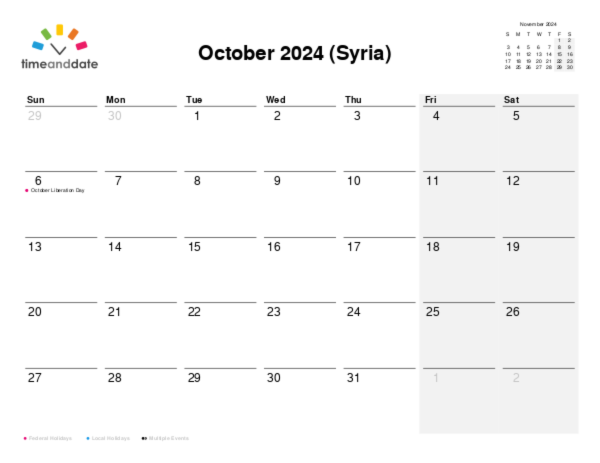 Calendar for 2024 in Syria