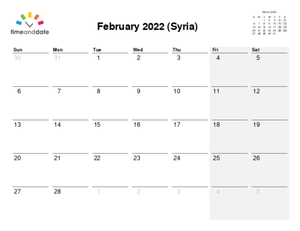 Calendar for 2022 in Syria