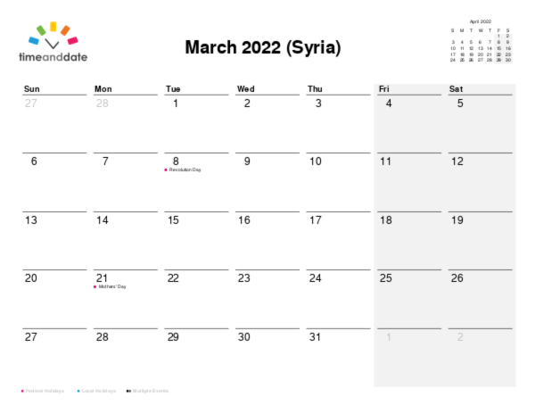 Calendar for 2022 in Syria