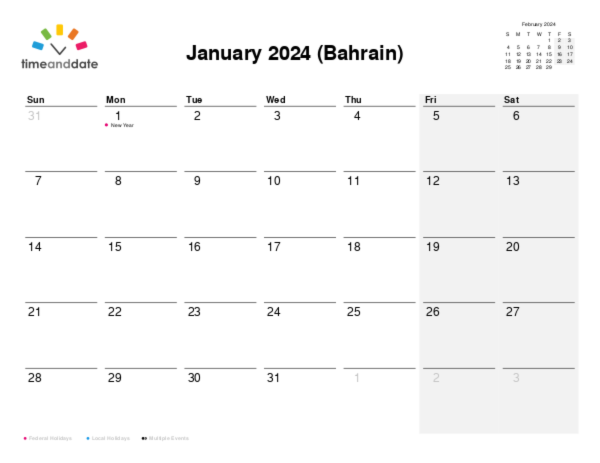 Calendar for 2024 in Bahrain
