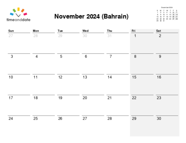 Calendar for 2024 in Bahrain