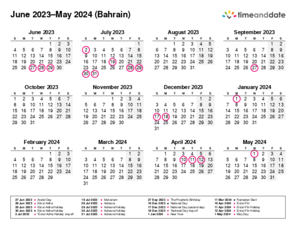 Calendar for 2023 in Bahrain