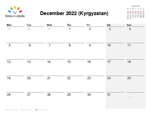 Calendar for 2022 in Kyrgyzstan