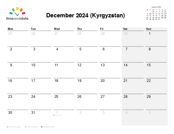 Calendar for 2024 in Kyrgyzstan
