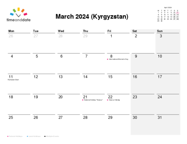 Calendar for 2024 in Kyrgyzstan