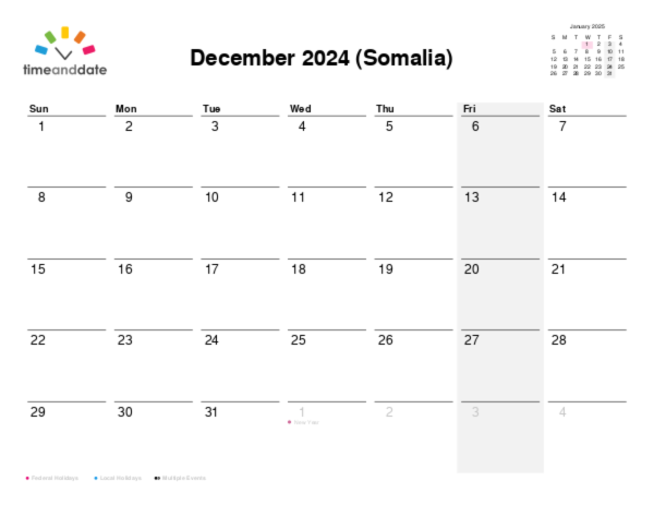 Calendar for 2024 in Somalia