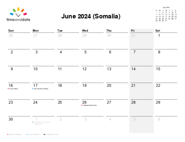 Calendar for 2024 in Somalia
