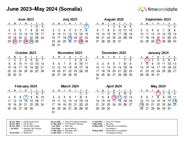 Calendar for 2023 in Somalia