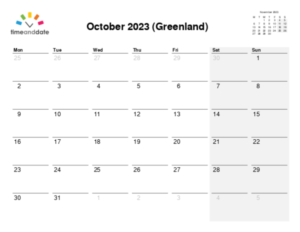 Calendar for 2023 in Greenland