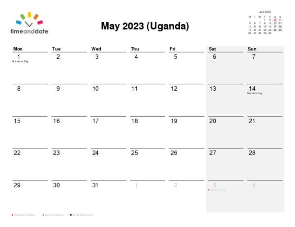 Calendar for 2023 in Uganda