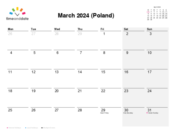 Calendar for 2024 in Poland