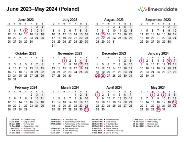 Calendar for 2023 in Poland