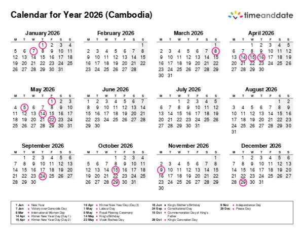Free Printable Calendar with Holidays for Cambodia