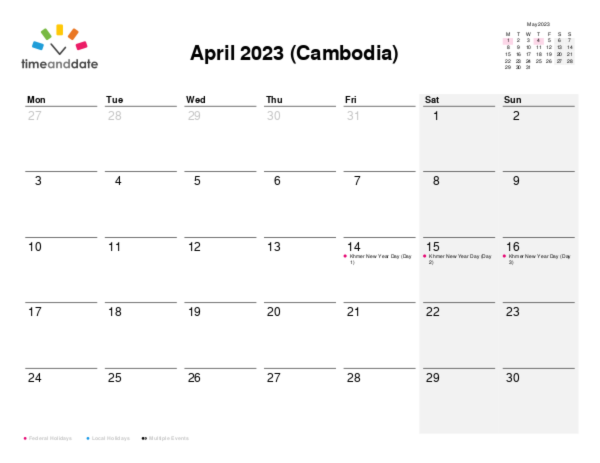 Calendar for 2023 in Cambodia