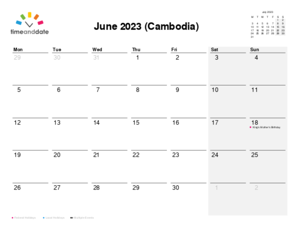 Calendar for 2023 in Cambodia