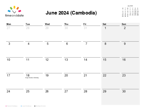 Calendar for 2024 in Cambodia