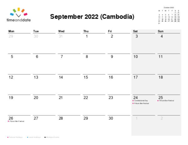 Calendar for 2022 in Cambodia