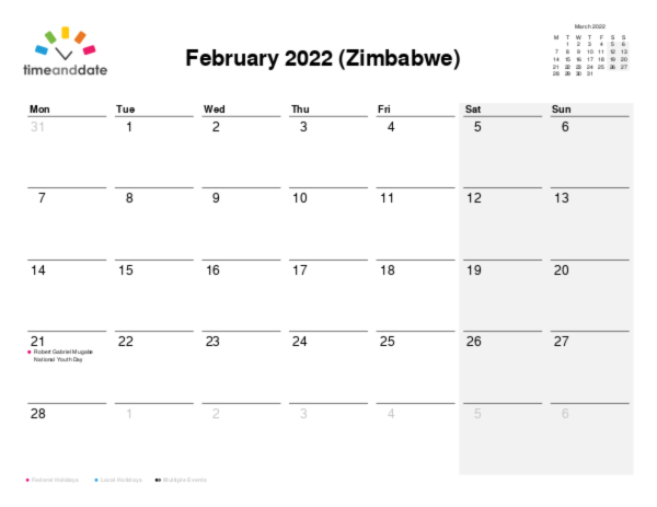 Calendar for 2022 in Zimbabwe