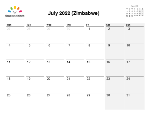 Calendar for 2022 in Zimbabwe