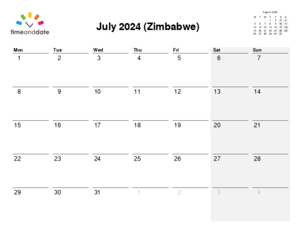 Calendar for 2024 in Zimbabwe