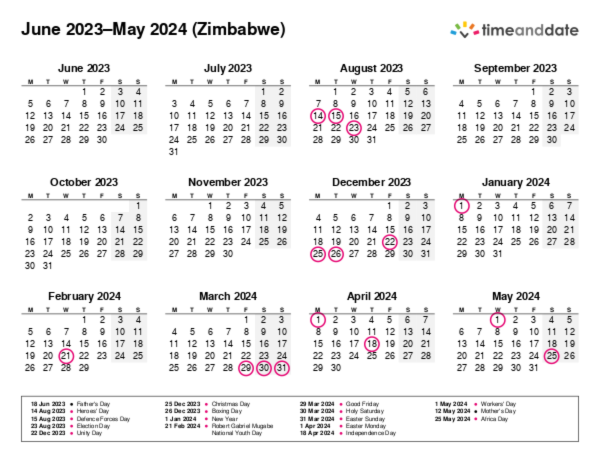 Calendar for 2023 in Zimbabwe