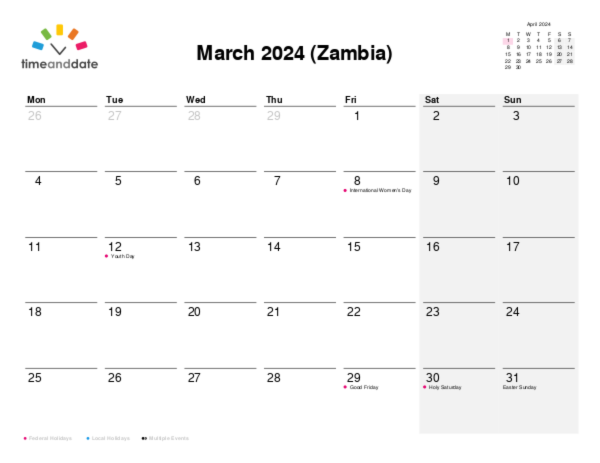 Calendar for 2024 in Zambia